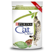 Purina Cat Chow Sterilised - с агнешко месо и зелен фасул, хапки в сос, за кастрирани котки 85 гр.